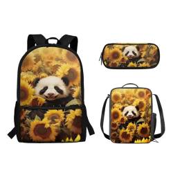 Biyejit Rucksack für Jungen und Mädchen, Schultaschen-Set mit Lunchbox und Federmäppchen für Studenten, lässiger Tagesrucksack, 3er-Set, Sonnenblumen-Panda, Tagesrucksäcke von Biyejit