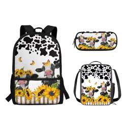 Biyejit Rucksack für Jungen und Mädchen, Schultaschen-Set mit Lunchbox und Federmäppchen für Studenten, lässiger Tagesrucksack, 3er-Set, Sonnenblumenkuh, Tagesrucksäcke von Biyejit