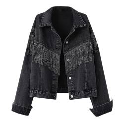 Bkazwe Jeansjacke Damen Oversized Langarm Denim Jacke Vintage Jean Mantel Glitzer Jacke Lässige Quaste Schwarze Jeansjacke für Frauen Mode Jeans Mäntel Strickjacke Streetwear von Bkazwe