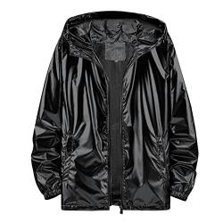 Metallische Jacke Metallisch Glänzend Bomberjacke für Herren Wasserdichte Regenjacke Leicht mit Kapuzen Outdoor Windbreaker Hiphop Langarm Bomberjacke Fliegenjacke Bikerjacke Outwear (Black, XL) von Bkazwe