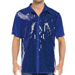 Pailletten Hemd Herren Retro Pailletten Hemd Glitzer Hemd 70er 80er Jahre Outfit Glitzerhemd Kurzarm Mode Party Hemd Hippie Lustig Hemd Herren Pailletten Kleid Shirt 70er Disco Party (Blue, XXL) von Bkazwe