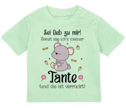 Baby Tshirt in Mint 0-36 Monate Geschenk von der Tante Sei lieb zu Mir! Sonst sag ich`s meiner Tante und die ist verrückt, Koala mit Süßigkeiten T-shirt für Kleinkind 0, 1, 2, 3 Jahre von Blauer-Storch