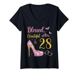 Damen Selige, dankbare und 28-jährige Königin zum 28. Geburtstag T-Shirt mit V-Ausschnitt von Blessed & Grateful My Birthday Party