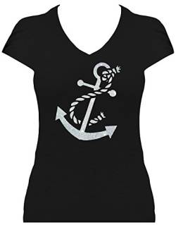 Elegantes Shirt Damen grosser Anker Glitzeraufdruck edles maritimes Shirt Damen Anchor. T-Shirt. Grösse XXL. schwarz-Silber von BlingelingShirts