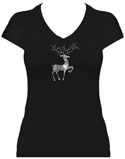Fun Shirt Weihnachten Damen mit super funkelndem Rentier Strass kristall Rentiershirt Weihnachtsshirt. T-Shirt. Grösse L. schwarz von BlingelingShirts