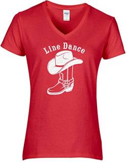 Shirt Damen Line Dance Schriftzug mit Cowboystiefel und Cowboyhut Glitzerdruck Western Fun Shirt. T-Shirt rot Druck Weiss GL. Grösse M. von BlingelingShirts