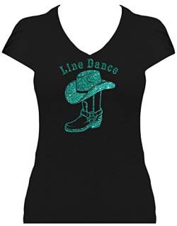 Shirt Damen Line Dance Schriftzug mit Cowboystiefel und Cowboyhut Glitzerdruck Western Fun Shirt. T-Shirt schwarz Druck Jade GL. Grösse XXL. von BlingelingShirts