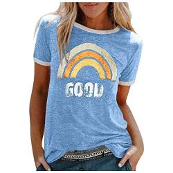 Tshirt Damen Rundhals Kurzarm T-Shirts Sommer T Shirts Good Vibes Regenbogen Brief Gedruckt Lässig Tee Shirts Oberteile Tops Batik Ausgefallene Bluse Damenshirts Sweatshirt von Blingko