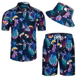 Blisscok Hawaii Hemd Männer 3 Pcs Hawaii Outfit Herren mit Flamingo Hawaii Hemd Shorts Fischerhut Hawaii Hemden für Sommer Beach Hemd Poolparty (Schwarz, 3XL) von Blisscok