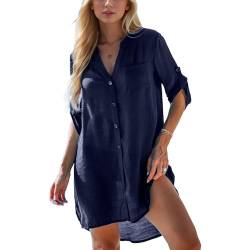 Blisscok Strandkleid Damen Sommer Bikini Cover Up Strandtunika Strandkleider V-Hals Atmungsaktiv Tunika Blusenkleid Beach Dress (DE/NL/SE/PL, Alphanumerisch, M, Regular, Regular, Stil 1 Blau) von Blisscok