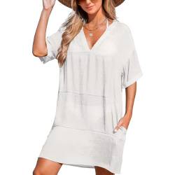 Blisscok Strandkleid Damen Sommer Bikini Cover Up Strandtunika Strandkleider V-Hals Atmungsaktiv Tunika Blusenkleid Beach Dress (DE/NL/SE/PL, Alphanumerisch, XXL, Regular, Regular, Stil 2 Weiß) von Blisscok