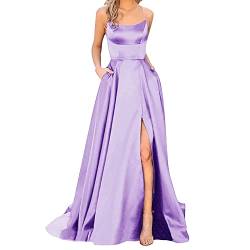 Bluelucon Ballkleider für Damen lang elegant rückenfrei Lange Kleider Satin-Spaghetti Party Abschlussballkleid Seitenschlitz Hochzeits Abend Partykleid mit Taschen Abendkleider Lila XXL von Bluelucon