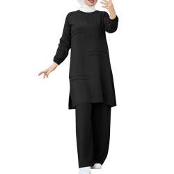 Bluelucon Damen Kleid Muslimisches Einfarbig zweiteiliges Set,damen Lose hose und Komfortabel top Islamisches kleidung kostüm damen elegant 2 teiler Schwarz,XL von Bluelucon