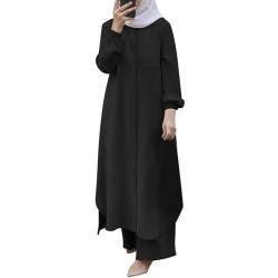 Bluelucon Damen Muslimisches Einfarbig zweiteiliges Set,damen Lose hose und Knöpfen top Islamisches kleidung kostüm damen elegant 2 teiler für Ramadan,Party,Lässig,Abend Schwarz,XXL von Bluelucon