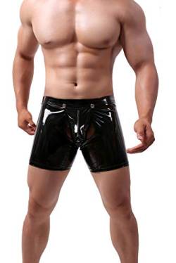 Bodywear4you Herren Leder Boxershorts Lack glänzend Optik, Wetlook sexy Unterwäsche, Reizwäsche für Männer, Clubwear Jockstraps Slips Tanga mit offenem Schritt Ouvert Shorts Long Pants (Schwarz, S) von Bodywear4you