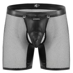 Bodywear4you Herren Leder Boxershorts Netz Optik, Codpiece sexy Unterwäsche für Männer, Kinky Partys Fetisch Long Shorts (DE/NL/SE/PL, Alphanumerisch, L, Regular, Regular, Schwarz) von Bodywear4you