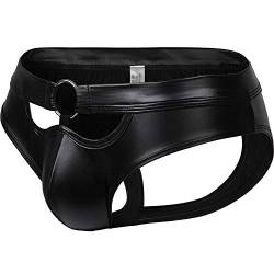 Herren Jockstrap Slip Leder Optik Farbe Schwarz, Wetlook sexy Unterwäsche, Dessous Erotik Reizwäsche für Männer, Gay Gogo Club und Swinger Kleidung Jockstraps Slips Bequeme Herren String Tanga (S/M) von Bodywear4you