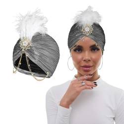 Bohend Blume Strass Turban Mütze Vintage Perlenkopfbedeckung Beanie Vorgebundene Plissierte Haube Frauen Brosche Feder Kopfbedeckung Hut (Polyester, Silber) von Bohend