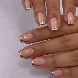 Boloshine 24 Stück French Nägel zum Aufkleben, Nude Goldener Rand Künstliche Fingernägel zum Aufkleben Square, Acryl Full Cover Press on Nails für Frauen Mädchen DIY Maniküre Dekoration von BoloShine