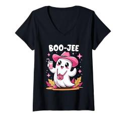 Damen Boo Jee Gruselige Kuh Geist Rosa Halloween Kürbis Damen Mädchen T-Shirt mit V-Ausschnitt von Boo Jee Spooky Cow Ghost Pink Halloween Pumpkin