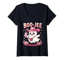 Damen Boo Jee gruseliges süßes Kuh-Geist rosa Halloween-Kürbis-Kostüm T-Shirt mit V-Ausschnitt von Boo Jee Spooky Cow Ghost Pink Halloween Pumpkin