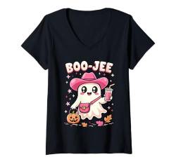 Damen Cute Boo Jee Ghost Halloween Kürbis Rosa Kuh Geist Gruselig T-Shirt mit V-Ausschnitt von Boo Jee Spooky Cow Ghost Pink Halloween Pumpkin