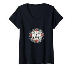 Damen Kinderlose Katzendame Illustration T-Shirt mit V-Ausschnitt von Boss Bubb