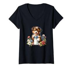 Damen Welpe mit Flasche für Baby T-Shirt mit V-Ausschnitt von Bottle Baby Animals