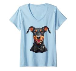 Damen Dobermann Hund mit Fliege, Schwarz T-Shirt mit V-Ausschnitt von Bowtie & Bark Tees