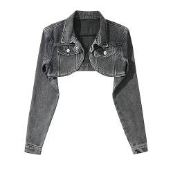 Jeansjacke Damen,Kurze Jeansjacke Für Damen Distressed Bolero Schulterzucken Kurze Tops Maßgeschneiderter Stretch Trucker Outwear Kurzer Denim Mantel Mit Knöpfen Strickjacke Jeansjacke Für Mädchen H von BrOleo