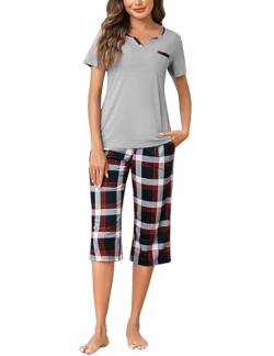 Bresdk Schlafanzug Damen Kurz Pyjama Kurzarm Baumwoll Sommer Nachtwäsche V Ausschnitt T Shirt und Karierten 3/4 Pyjamahose Hausanzug Loungewear Set von Bresdk