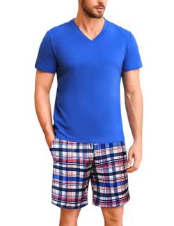 Bresdk Schlafanzug Herren Kurz Pyjama Set Baumwolle Kariert Sommer Nachtwäsche Set Männer von Bresdk