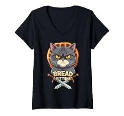 Damen Brotkätzchen, lustige Katze mit Waffeln und Schwertern T-Shirt mit V-Ausschnitt von Bria Mathews