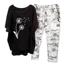 Briskorry 2-teiliges Damen-Outfits, Hosen, T-Shirts, Anzug, übergroß, lässig, bedruckt, halbe Ärmel, T-Shirt, Tops, weites Bein, Trainingsanzug-Set, lockere Passform, Loungewear-Outfits von Briskorry