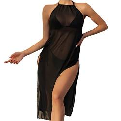 Briskorry Damen Mesh Strandkleider Sexy Durchsichtig Badeanzug Bikini Cover Up Rave Festival Club Midikleid Schwarz Transparent Kleid Unterkleid Streetwear Clubwear von Briskorry