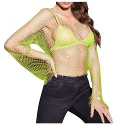 Einzigartige Mesh-Netz-Körperkette, Kristall, langärmelig, Fischernetz, bauchfreies Top, Strass-Cover, T-Shirt, Bluse Sexy Bikini Getragen (Green, XS) von Briskorry