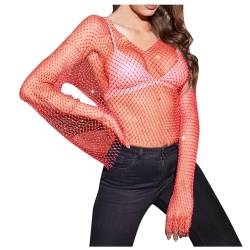 Einzigartige Mesh-Netz-Körperkette, Kristall, langärmelig, Fischernetz, bauchfreies Top, Strass-Cover, T-Shirt, Bluse Sexy Bikini Getragen (Red, L) von Briskorry