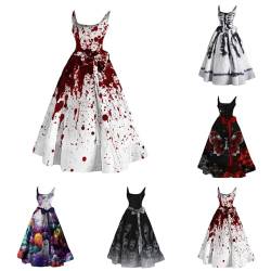 Halloween Kostüm Damen Kleid mit Blutigem Aufdruck Mittelalter Kleider Rockabilly Cocktailkleid Ärmelloser Retro Kleider Rundhals Tunikakleid Gebundene Taille Festkleid Schwingen Gastkleid Partykleid von Briskorry