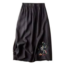 Langer Rock Damen Sommer Stickerei Druck Midirock Elastische Taille Leinen Skirt A-Linie Sommerrock Mode Freizeitrock Bohemien Strandrock Weiches Wickelrock Leicht Strandkleider Elegant Maxirock von Briskorry