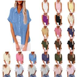 Leinen Bluse Damen V-Ausschnitt Blusenshirt Lässiges Kurzarm Oberteile Lockere Sommer Hemden mit Tasche Blusentop Elegant Knopfleiste T Shirts Basic Reverskragen Tee Frühjahr Sommer Lockeres Hemd von Briskorry