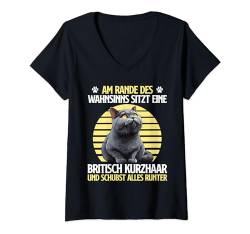 Damen Britisch Kurzhaar AM RANDE DES WAHNSINNS Lustiges Vintage T-Shirt mit V-Ausschnitt von Britisch Kurzhaar Katze Geschenk British Shorthair