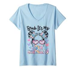 Damen Brush It's My 9th Birthday Retro-Kinder, 9 Jahre alt, Bday Girl T-Shirt mit V-Ausschnitt von Bruh It's My Birthday Cool Kids Funny Outfits