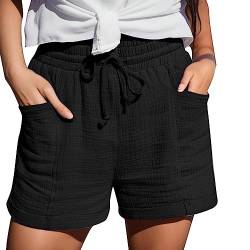 Bsotalines Shorts Damen Sommer Leinen Musselin Kurze Hose Shorts Mit Taschen Mode Lässige Stoffhose Freizeit Shorts Elastische Taille Stretch Gerades Bein Sport Shorts mit Kordelzug Leinenhose von Bsotalines