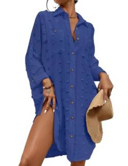 Bsubseach Badeanzug Coverup für Frauen Badeanzug Cover Up Button Down Shirt Kleider Swiss Dot Dunkel Blau von Bsubseach