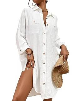 Bsubseach Sommer Strandkeid für Frauen Button Down Strand Shirt Kleid Badeanzug Cover Up V-Ausschnitt Strandponcho Bademode Resort Wear Weiß M von Bsubseach