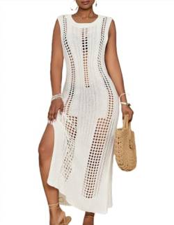 Bsubseach Crochet Strandkleid für Frauen Ärmellos Badeanzug Coverups Hollow Out Sommer Stricken Bikini Beachwear Weiß L von Bsubseach