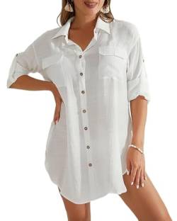 Bsubseach Frauen Badeanzug Cover Up Button Down Strand Bluse Langarm Bikini Coverup Bademode Shirt Weiß XL von Bsubseach