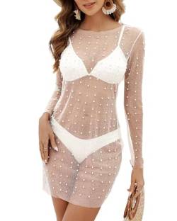 Bsubseach Frauen Transparentes Badeanzug Cover Up Pearl Strass Mesh Dress See Through Beach Cover Ups Pool Badeanzug Shirt Weiß L von Bsubseach