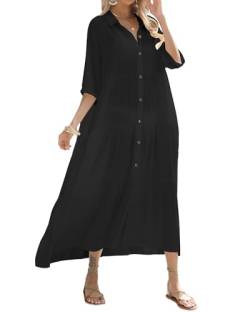 Bsubseach Strandkleider für Frauen Beach Cover Up Button Down Maxi Shirt Kleid Schwarz XL von Bsubseach