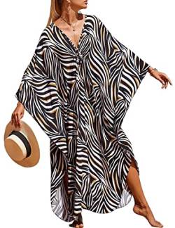 Bsubseach V-Ausschnitt Kaftan Plus Größe Cover Ups für Bademode Batwing Sleeve Kaftan Strandkleid für Damen Schwarzbrauner Zebra von Bsubseach
